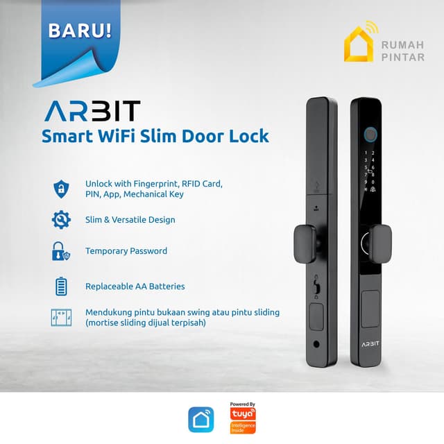 ARBIT WiFi Slim Door Lock Kunci Pintu Pintar Fingerprint PIN RFID