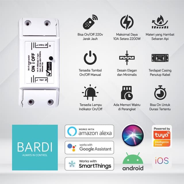 BARDI Smart Breaker ON OFF 10A - Saklar Pemutus Arus Pintar Wi-Fi Automation